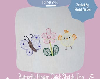 Diseño de trío de mariposa, flor y pollito para bordado a máquina (descarga digital)