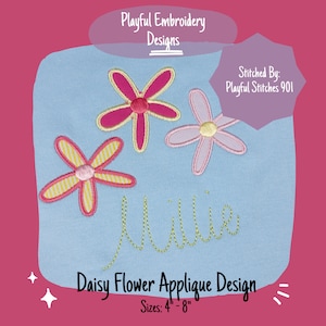Three Daisy Flower Applique Design, Daisy Applique Machine Embroidery Design, Satin Stitch Floral Applique Design