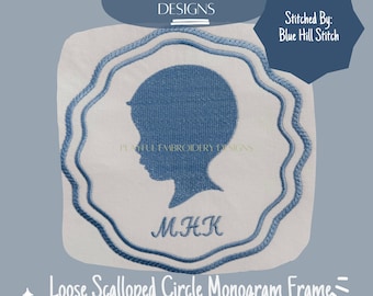 Scalloped Circle Monogram Frame, Satin Stitch Embroidery Design (Digital Download)