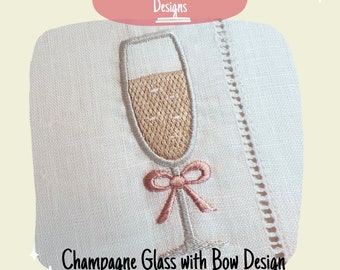 Champagne Glass with Bow Machine Embroidery Design, Cocktail Embroidery Design, Seasonal Champagne Glass Design