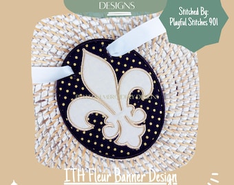 Diseño de bordado ITH Flor de Lis, pancarta ovalada (descarga digital)
