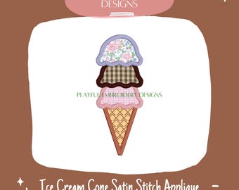 Triple Ice Cream Cone Satin Stitch Applique Machine Embroidery Design (Digital Download)