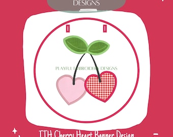 Diseño de pancarta con apliques de cereza en el aro, diseño de San Valentín ITH, diseño de pancarta con apliques de corazón de cereza, bordado a máquina