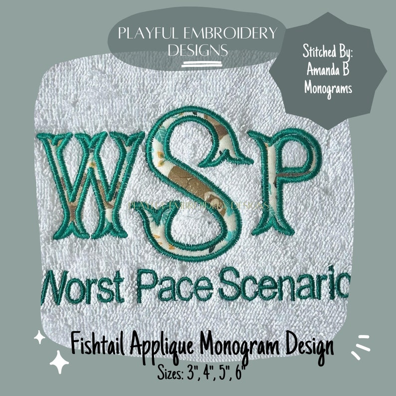 Fishtail Applique Monogram, Satin Stitch Embroidery Font (digital ...