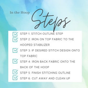 May include: A checklist of steps for embroidery in a hoop. The steps are: Stitch outline step, Iron on top fabric to the hooped stabilizer, If desired stitch design onto top fabric, Iron back fabric onto the back of the hoop, Finish stitching outline, Cut away and clean up.