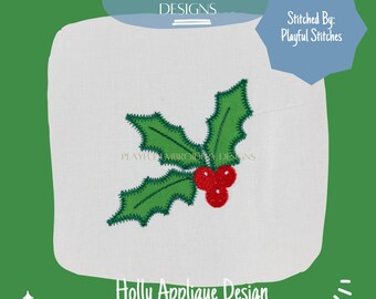 Diseño de bordado con aplique de acebo: aplique navideño en zigzag (descarga digital)