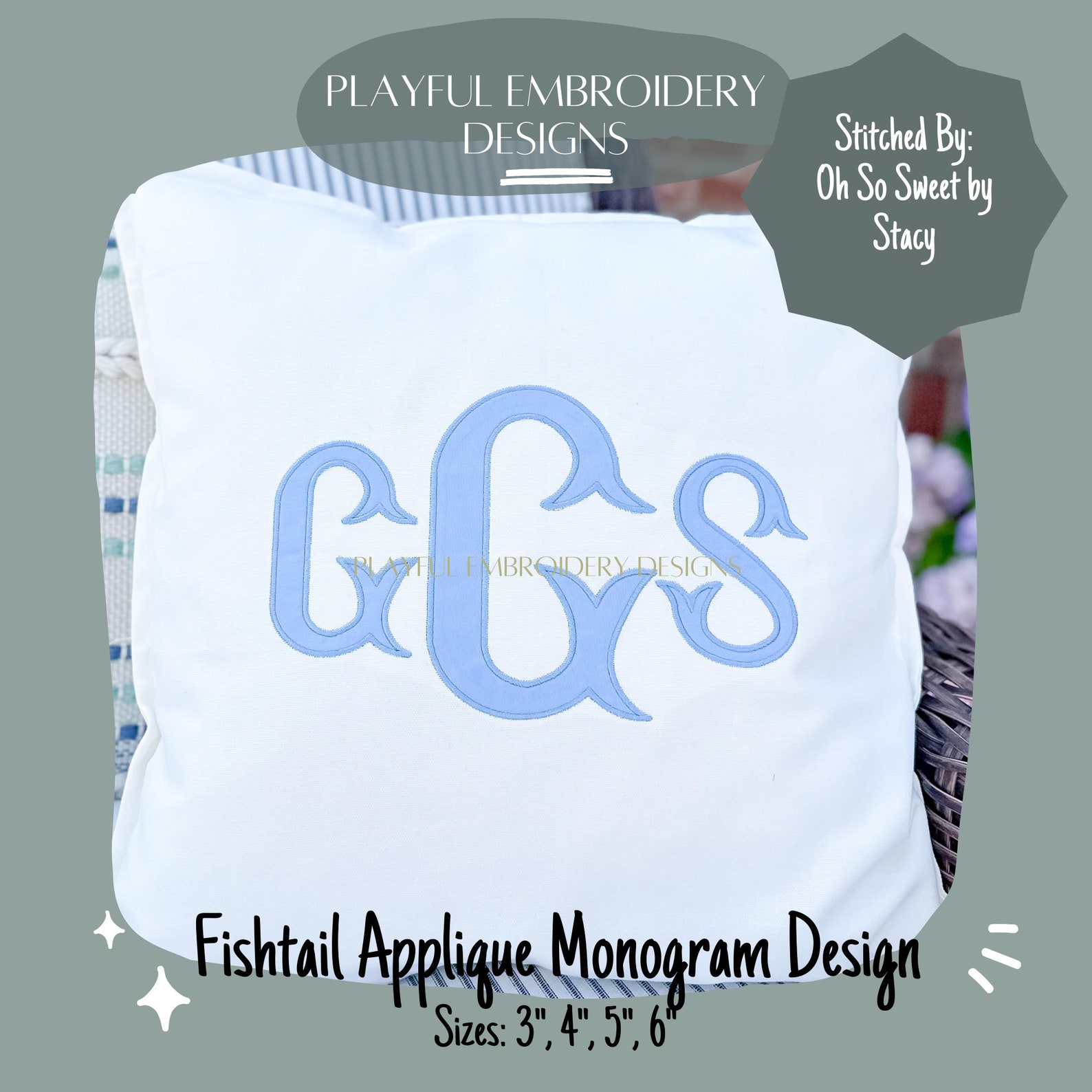 Fishtail Applique Monogram, Satin Stitch Embroidery Font (digital ...
