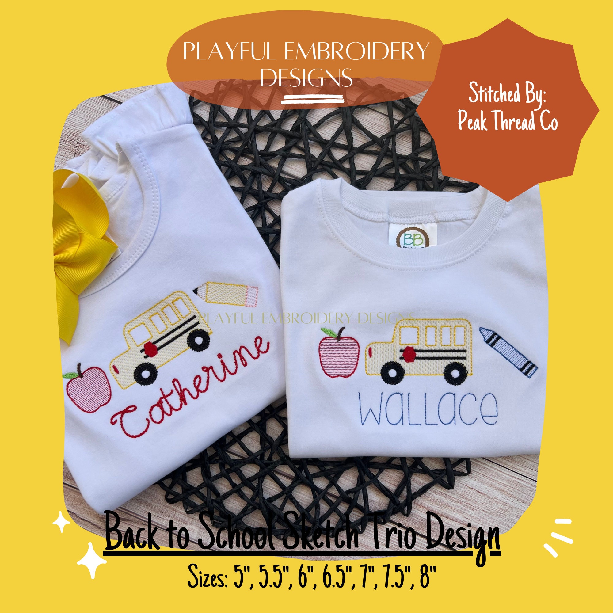 Back to School Sketch Trio Machine Embroidery Design, Back to School Sketch Design, School Trio Design, School Bus Sketch Design