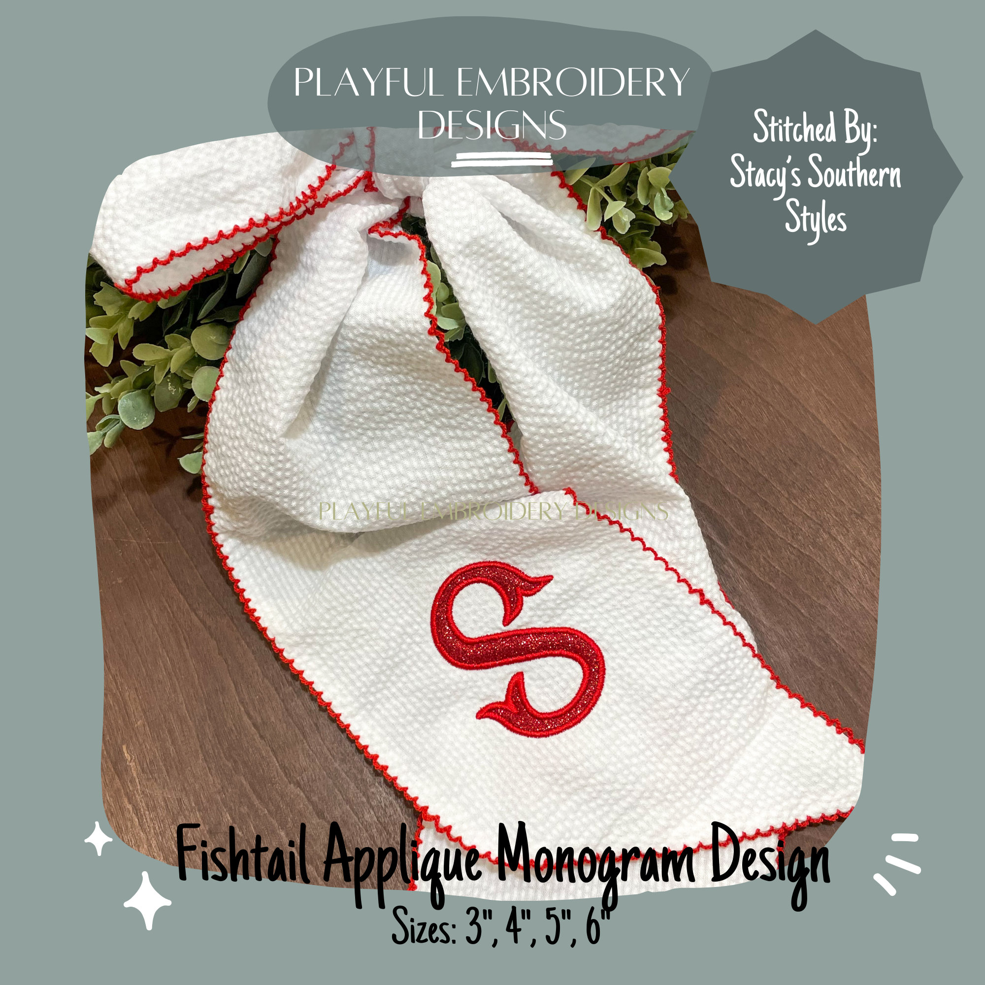 Fishtail Applique Monogram, Satin Stitch Embroidery Font (digital ...