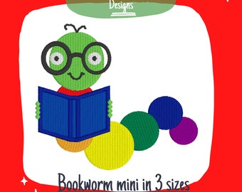 Bookworm Reading Embroidery Design, School Library Applique (Digital File)