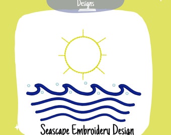 Seascape Machine Embroidery Design, Beach Embroidery Design, Summer Embroidery Design, Sun and waves Embroidery Design