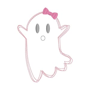 Pu&ograve; includere: Design di un fantasma dei cartoni animati con un fiocco rosa sulla testa. Il fantasma ha occhi ovali e un'espressione sorpresa. Il contorno del fantasma e il fiocco sono rosa, mentre gli occhi sono grigi. Sfondo bianco.