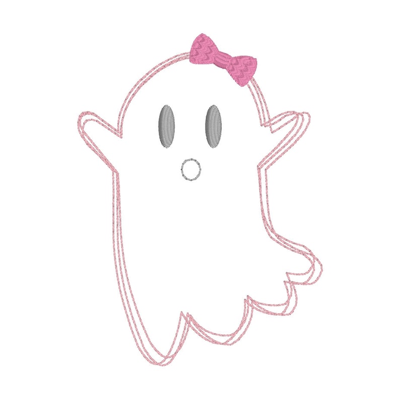 Pu&ograve; includere: Design di un fantasma dei cartoni animati con un fiocco rosa sulla testa. Il fantasma ha occhi ovali e un'espressione sorpresa. Il contorno del fantasma e il fiocco sono rosa, mentre gli occhi sono grigi. Sfondo bianco.