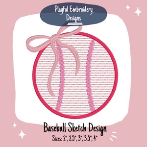 Girly Baseball Sketch Embroidery Design, Quick Stitch Baseball Embroidery Design, Sketch Baseball Design with Bow, Sports Embroidery
