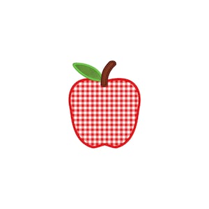 May include: Red and white gingham apple with a green leaf and brown stem.