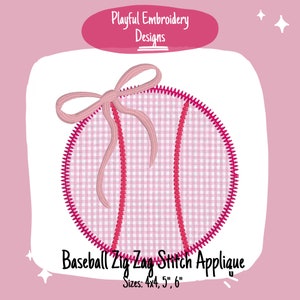 Baseball Applique with Bow Design, Baseball Zig Zag Stitch Applique Design, Zig Zag Stitch Baseball with Bow Design