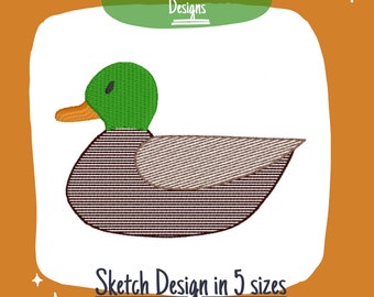 May include: A brown and green embroidered duck design in five sizes: 2 inches, 4x4 inches, 5x7 inches, 7x5 inches, and 8x8 inches.  The design is perfect for embroidery projects.