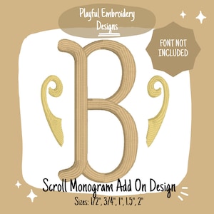 Op de afbeelding: Een geborduurde letter B in beige met twee scrolldetails. De letter is een monogram-add-on ontwerp dat beschikbaar is in de maten 1,27 cm, 1,9 cm, 2,54 cm, 3,81 cm en 5,08 cm.