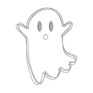 May include: A simple line drawing of a ghost with two eyes and a mouth. The ghost is white and has a rounded shape.