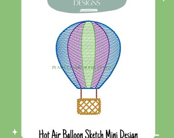 Diseño de bordado de boceto de globo aerostático, estilo vintage mini (archivo digital)