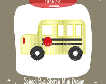 Diseño de minibordado a máquina con boceto de autobús escolar, diseño de minibús escolar, diseño de boceto de autobús, diseño de bordado de regreso a clases