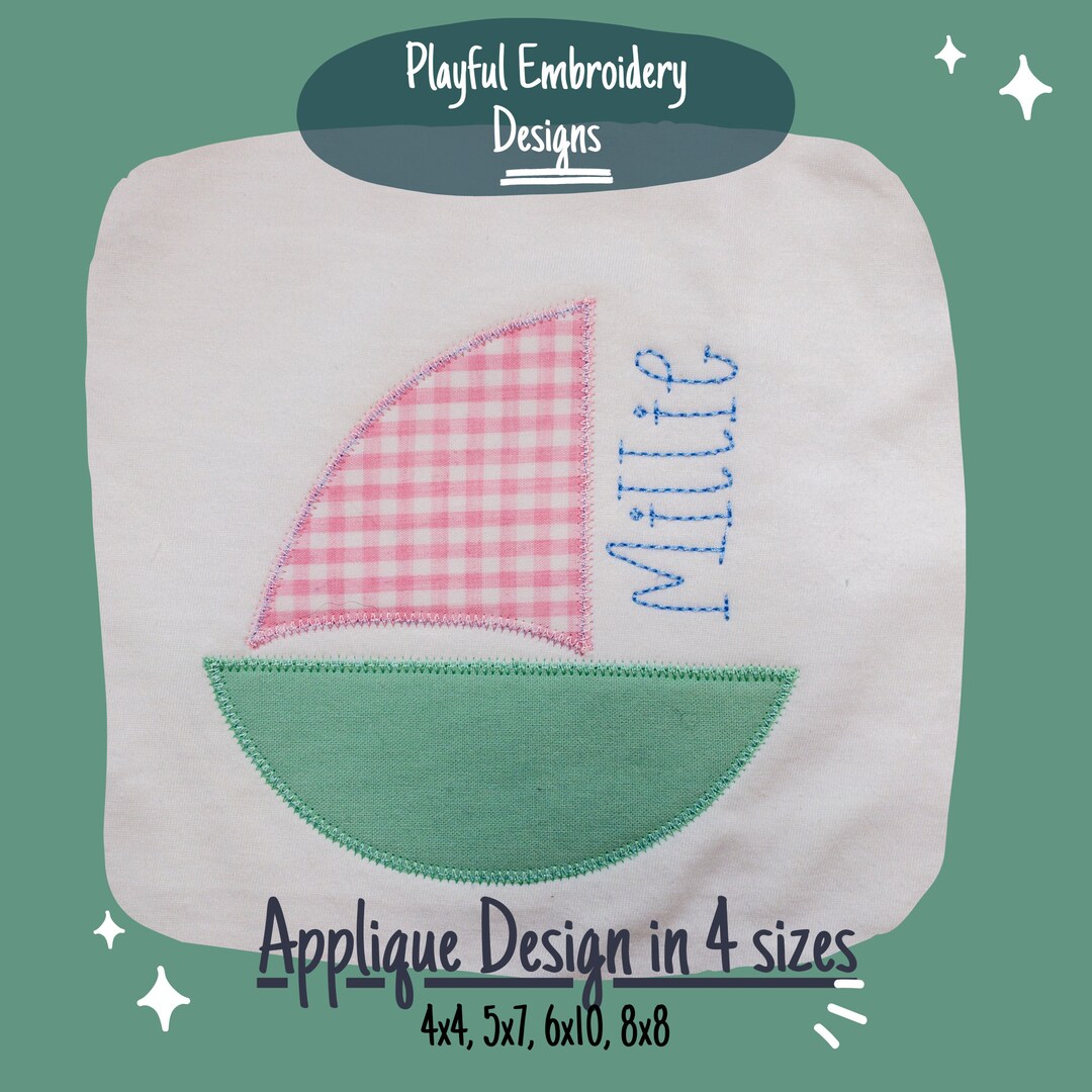 Sailboat Applique Machine Embroidery Design, Zig Zag Applique Sailboat Design Embroidery Design