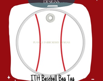 May include: White baseball-shaped bag tag with red stitching. The tag has a small circle in the center and the text "ITH Baseball Bag Tag" and "Size: 3", 4x4, 5" below the baseball.