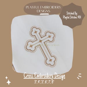 Może przedstawiać: Złoty haft krzyża na białym tle tkaniny. Wzór dostępny w rozmiarach od 3 do 8 cali. Tekst "Playful Stitches 901" znajduje się w prawym górnym rogu obrazu.