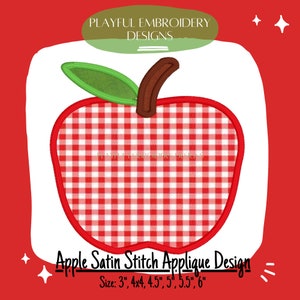 Apple Applique Machine Embroidery Design, Satin Stitch Apple Applique Design, Back to School Applique Design
