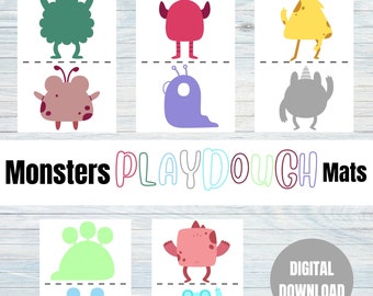 May include: Nine printable playdough mats featuring different monster outlines. The mats are designed for kids to use playdough to fill in the monster shapes. The text "Monsters Playdough Mats" is at the top of the image. The text "Digital Download" is at the bottom of the image.