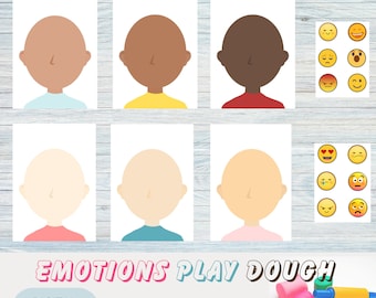 May include: Six printable play dough mats featuring different skin tones and blank faces.  The mats are designed for children to use play dough to create different facial expressions.  A set of nine emoji faces are also included on the printable sheet.
