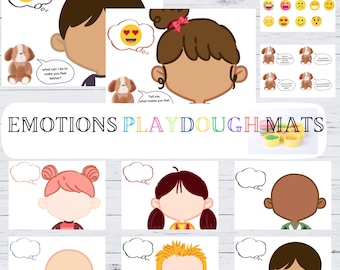 May include: A set of printable playdough mats featuring different emotions. Each mat includes a blank face, a thought bubble, and a prompt for children to express their feelings.