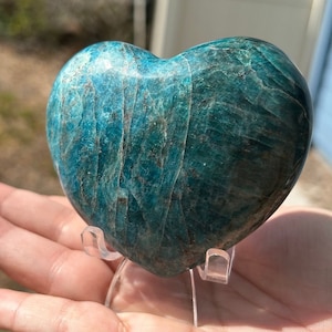 Blue Apatite Heart - natural crystal apatite carved sphere with holder, amazing crystal gift