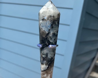 Rainbow Moonstone Wand on Stand - your choice of polished crystal scepter with blue flash, white labradorite - home decor, crystal gift