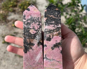 Rhodonite Tower - 5.25” natural crystal obelisk with gorgeous patterns, pink generator / point