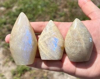 Moonstone Flame / Free Form with Strong Blue Flash - high quality crystal carved moonstone flame, crystal decor