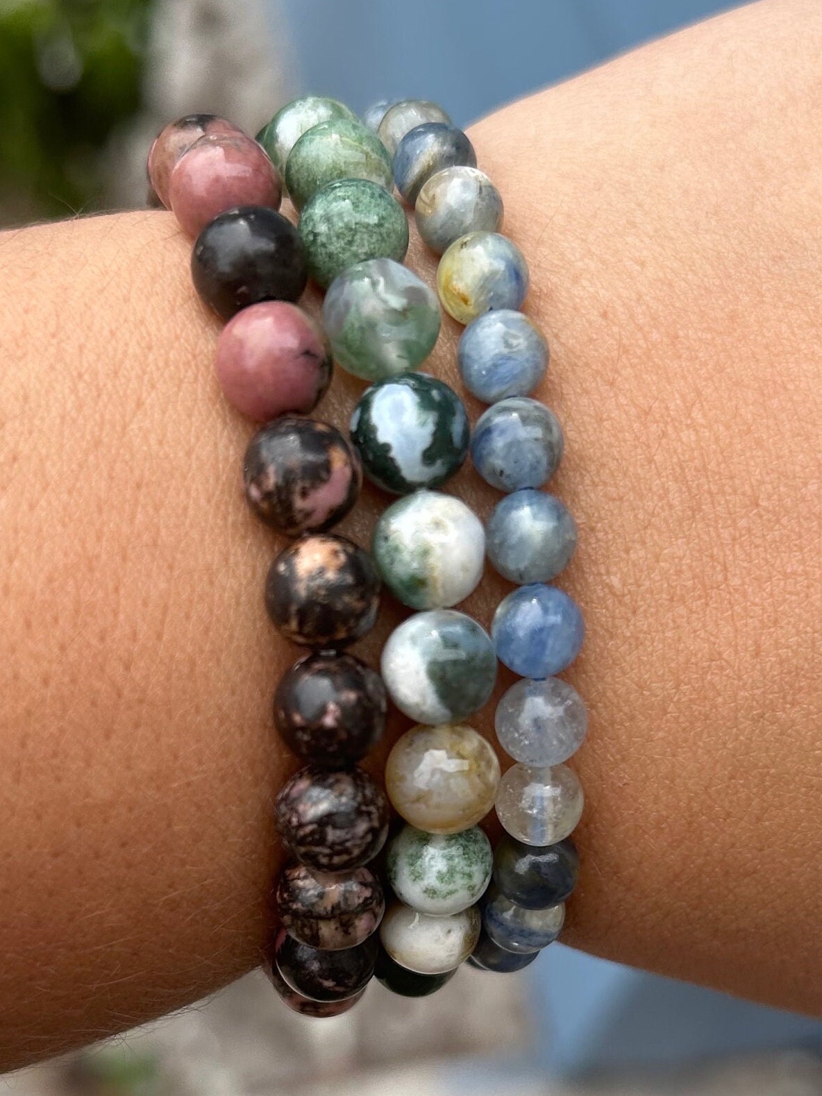 Stretchy Crystal Bracelet: Blue Kyanite, Rhodonite, or Moss Agate