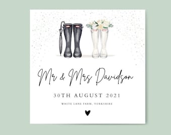 Wedding Welly Card, Couple Pets Wedding Engagement Wellies Card, Farm Country Barn Wedding Card,Family Pets Welly Wellies Card