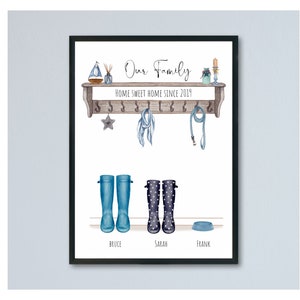 Family Welly Print, Family with pets Wellies print, couple with pets home gift, new house home welly print, engagement wedding couple gift