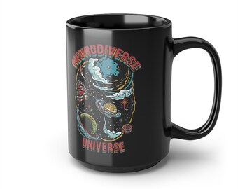 Taza de café negra con diseño del Universo Neurodiverso, 444 ml (15 oz)