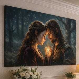 May include: A hallway with a large painting of a couple in a forest setting. A wooden console table with books, baskets, and a vase of flowers sits below the painting. The hallway is lit by lamps and a hanging light fixture.