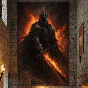 Puede incluir: Una gran obra de arte enmarcada que representa una figura oscura con armadura sosteniendo una espada en llamas, sobre un fondo de fuego. La obra cuelga en una habitación con paredes de piedra, bancos de madera, una chimenea y apliques.