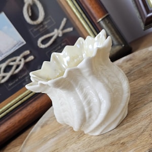 以下が含まれることがあります： クリーム色の貝殻型のセラミック花瓶、フリル付きの縁。 花瓶は質感のあるリブ加工された表面で、木製のトレイの上に置かれています。 背景には、航海をテーマにしたアートワークが見えます。