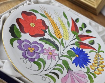 Placa de porcelana Kalocsa vintage pintada a mano, decoración de arte popular húngaro
