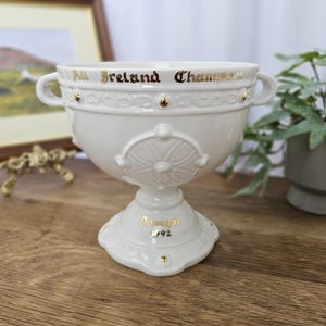 Puede incluir: Un trofeo de cerámica blanca con letras doradas que dicen "All Ireland Champions" y "Donegal 1992". El trofeo tiene dos asas y un diseño floral. Está sobre una superficie de madera.