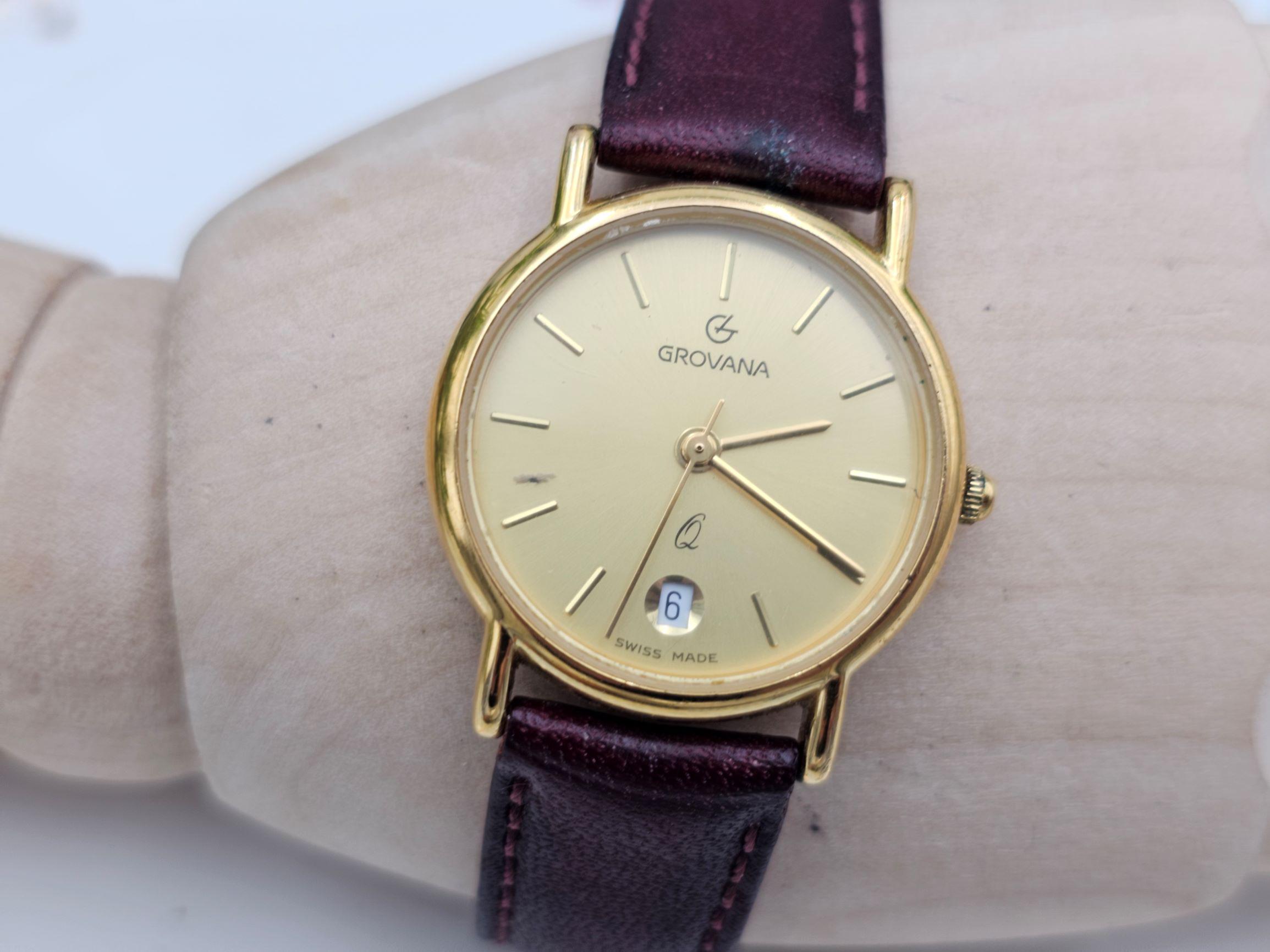 Montre Femme GROVANA Swiss Made - Cadran Secteurs Beige, Bracelet Cuir Marron - Plaqué Or