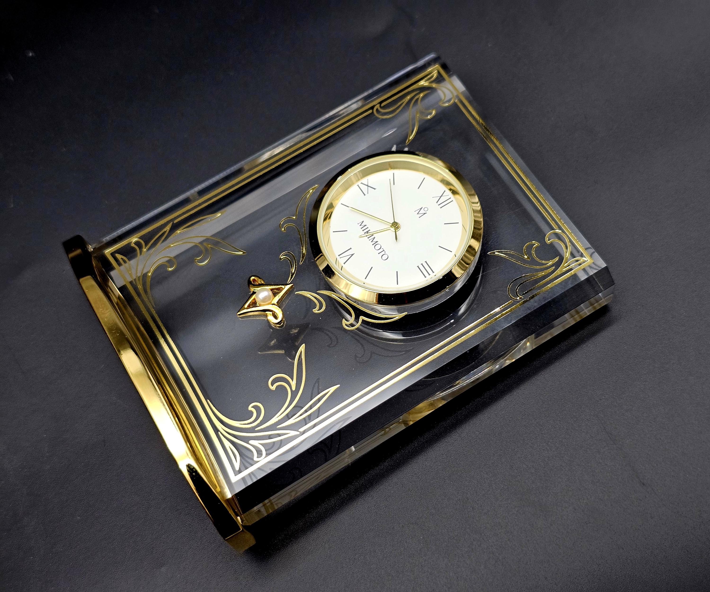 Vintage Mikimoto International Desk Clock With Pearl Acrylic With