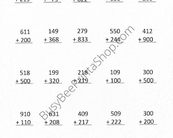Suma de 3 dígitos con reagrupación (1 Hoja) 25 problemas