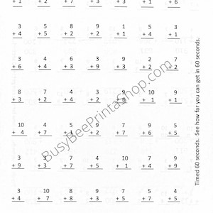 May include: A black and white worksheet with the title "Single Digit Addition 1-10" and "Sheet A". The worksheet contains 25 addition problems with single-digit numbers. The problems are arranged in a grid format.