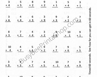 Suma de 1 a 10 hojas de trabajo cronometradas. 2 hojas. 56 problemas matemáticos en cada hoja.
